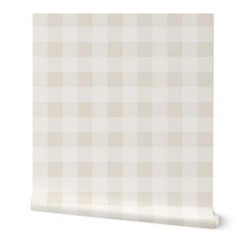 Neutral Gingham Nursery Wallpaper, English Country Cottage Peel and Stick Wallpaper, Beige Plaid Farmhouse Baby Room Decor imagen 1