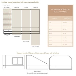 May include: Diagram showing how to calculate the number of wallpaper rolls needed for a wall. The diagram shows a wall with different heights and widths, and a table that shows the number of rolls needed for different wall widths. The text "Determine how many rolls you need" is at the top of the table. The text "Measure from the highest points to account for any wall variations" is below the diagram.