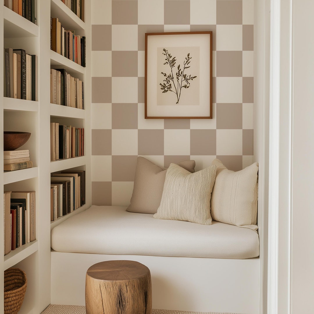 Neutral Beige Checkerboard Wallpaper, Retro Peel and Stick Wallpaper ...