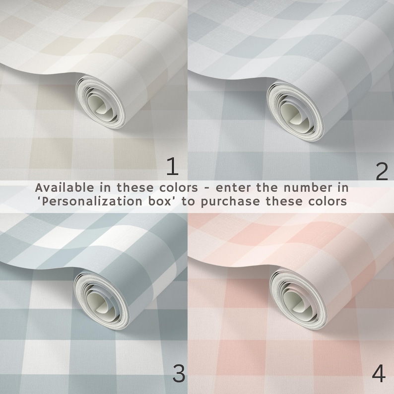 Puede incluir: Cuatro rollos de papel pintado con un patr&oacute;n de cuadros vichy a gran escala en beige, gris claro, azul ceniza y rosa suave. El texto dice: Available in these colors - enter the number in 'Personalization box' to purchase these colors.