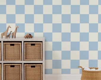 Blue Checkered Peel & Stick Wallpaper – Removable Nursery Wall Decor for Baby Boy Room, Geometric Self-Adhesive Accent