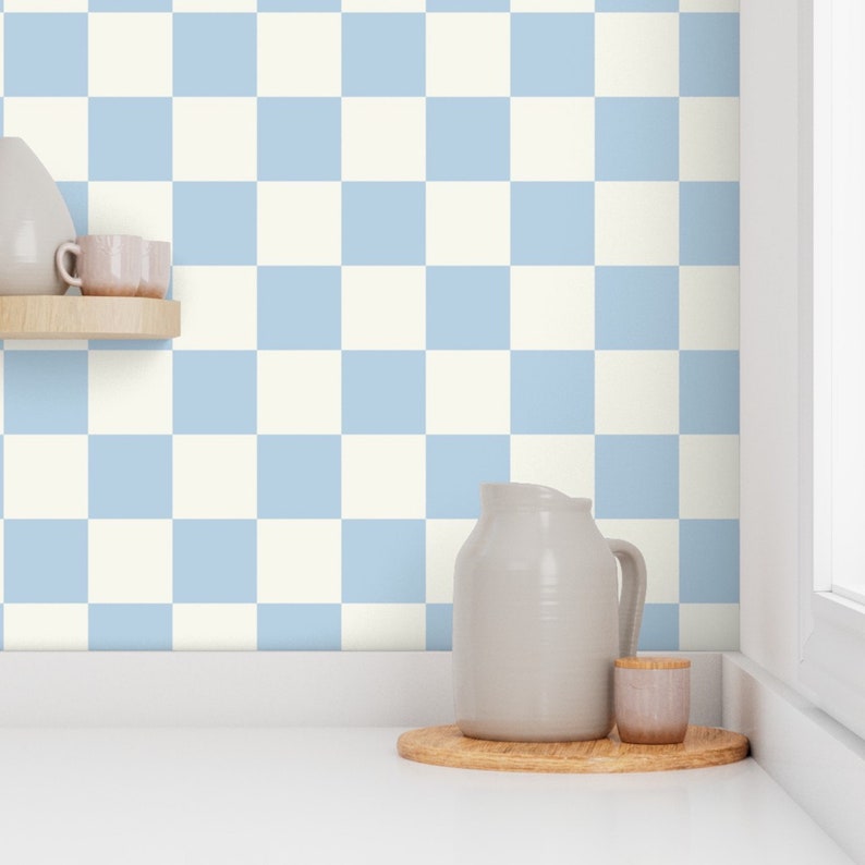 Light Blue Wallpaper Peel and Stick Large Checker Wallpaper Etsy