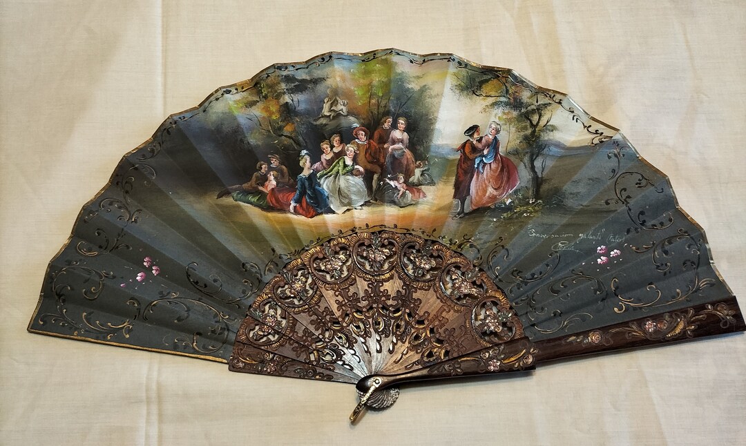 Wooden Hand Fan With Stunning Painting Signed Etsy Wooden Hand Fan With Stunning Painting Signed Etsy