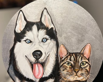 Custom Pet Portrait Painting - personalisiertes Porträt auf Holz - Runde Kunst - Modernes Dekor - Double Pet Memorial - Kreis 30 x 30 cm