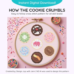 Può includere: Un modello a punto croce con vari disegni di biscotti, tra cui gocce di cioccolato e biscotti glassati, esposto all'interno di un telaio da ricamo. Il testo "HOW THE COOKIE CRUMBLS" è in alto, con le parole "Instant Digital Download!" sopra.
