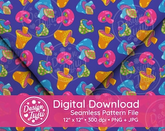 Groovy Jelly Mushroom Seamless Pattern: Retro Fabric Print (Digital Download)