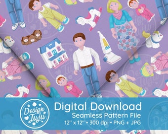 Happy Family Dollhouse Inspired Seamless Repeat Pattern for Fabric / Digital or Printable Paper / Sublimation 90’s Kindle Case Insert