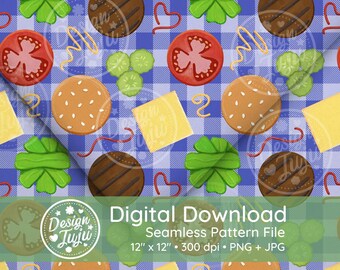 BBQ TIME Burger Summer. Themed Seamless Repeat Pattern Fabric / Digital or Printable Paper Sublimation