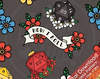 Tattoo D&D Dice Seamless Pattern: Retro Gamer Fabric (Digital)