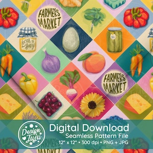 May include: A colorful seamless pattern featuring various farm fresh produce, including tomatoes, carrots, peppers, peaches, eggs, sunflowers, and jars of honey and dill pickles. The pattern is set against a background of colorful diamond shapes and includes the text "Farmer's Market".