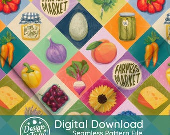 Farmer's Market Watercolor Pattern: Patchwork Diamond Print (Digital File)