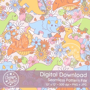 Dinos in Bloom - Seamless Surface Pattern for Fabric /Printable Paper/ Sublimation- Pastel Dinosaur Floral