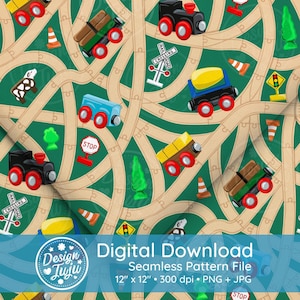 Puede incluir: Un patrón sin costuras con un fondo verde con caminos sinuosos marrones y trenes de juguete, camiones y señales de tráfico de colores. El patrón incluye una señal de stop, una señal de cruce de ferrocarril y un semáforo.