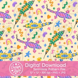 以下が含まれることがあります： 明るい黄色の背景に、カラフルなビーズでできたトカゲ、虹、星、ハート、その他の抽象的な形が描かれたシームレスパターン。パターンは12インチ×12インチ、300dpi。ファイル形式はPNGとJPGです。