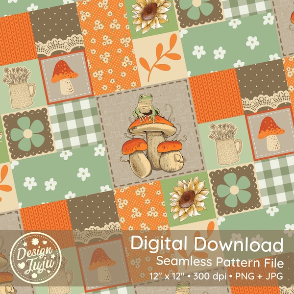 Froggy Cottagecore Patchwork Seamless Repeat Pattern Fabric / Digital Printable Paper / Sublimation Tumbler Wrap  - Quilt Mushroom Forest