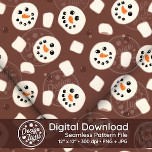 Frosty Cocoa! Marshmallow Snowman Hot Chocolate Seamless Repeat Pattern Tessuto / Carta digitale o stampabile Sublimazione