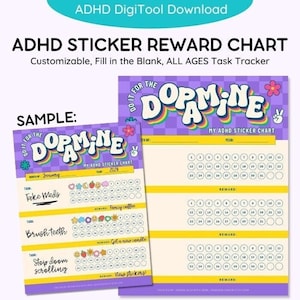 May include: A printable sticker reward chart for kids with ADHD. The chart is designed to help kids stay motivated and on track with their tasks. The chart features a colorful design with the words "Do It For The Dopamine" and includes a sample chart with tasks like "Take Meds", "Brush Teeth", and "Stop Doom Scrolling". The chart is 8.5 inches by 11 inches.