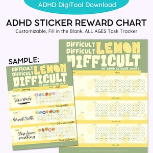 Zitrone schwierige ADHD Habit Tracker Belohnungssticker Chart - Digitaler Download für Jugendliche + Erwachsene - Druckbare PDF Exekutivfunktion
