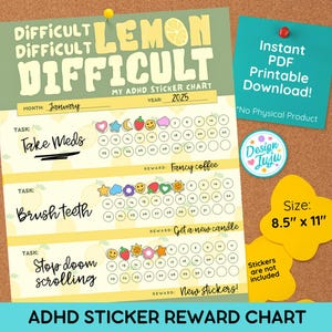 Lemon Difficult ADHD Habit Tracker Reward Sticker Chart - Digital Download for Teens + Adults - Printable PDF Executive Function image 2