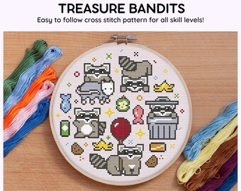 Treasure Bandits Raccoon Cross Stitch Pattern - Digital Download Printable PDF - Easy Fun Beginner Project