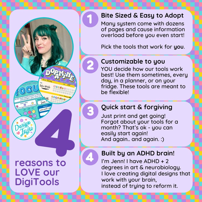 May include: Four reasons to love digital tools for ADHD. The graphic features a colorful background with a number 4 and the text "reasons to LOVE our DigiTools". Each reason is listed with a number and a brief description. The first reason is "Bite Sized & Easy to Adopt", the second is "Customizable to you", the third is "Quick start & forgiving", and the fourth is "Built by an ADHD brain!"