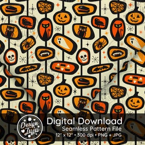 May include: A seamless digital pattern with Halloween motifs in orange and black on a cream backdrop. The design incorporates pumpkins, bats, spiders, ghosts, and other spooky elements. The text "Digital Download" and "Seamless Pattern File" are also visible.