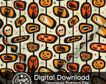 Atomic Halloween Seamless Pattern: Mid-Century Modern Fabric Print (Digital Download