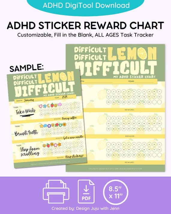 Lemon Difficult ADHD Habit Tracker Reward Sticker Chart - Digital Download for Teens + Adults - Printable PDF Executive Function