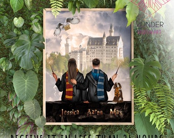 DIGITAL Personalised wizards poster, friendship wizard poster, custom made wizard portrait, HP wizard gift, wizard birthday, best friends