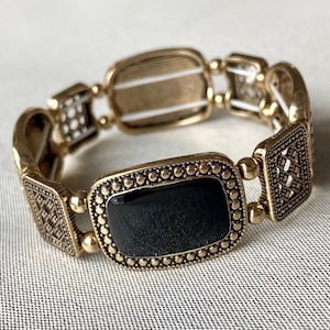 Gold & Black Onyx Link Stretch Bracelet - Costume Jewelry