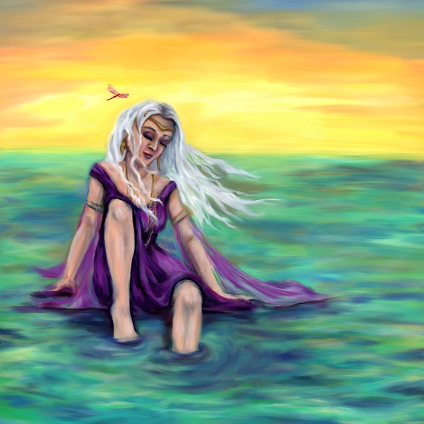 At Peace - By Artist Katrina Brott - Acrylic Art Print- Fantasy Art -  ---- dragonfly. nature. water. mythical. calm