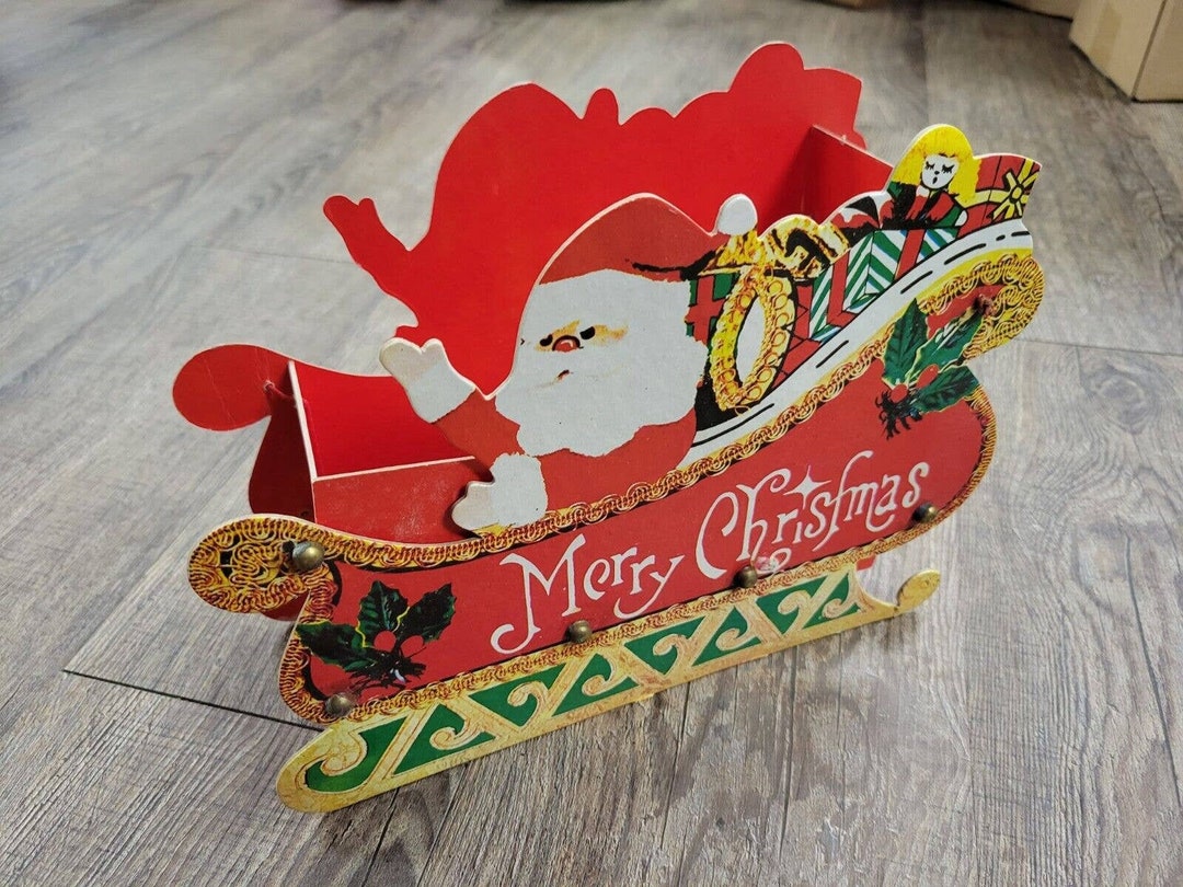 Vintage Christmas Santa Sleigh Card Holder Cardboard Collapsible