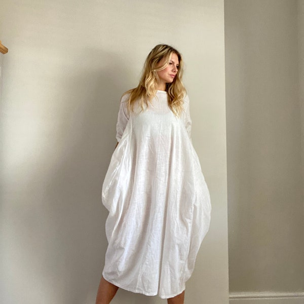 Oversized White Linen Dress Linen Balloon Dress White Boho Linen Dress Linen Maternity Dress White Beach Dress Beach Coverup Linen Tunic