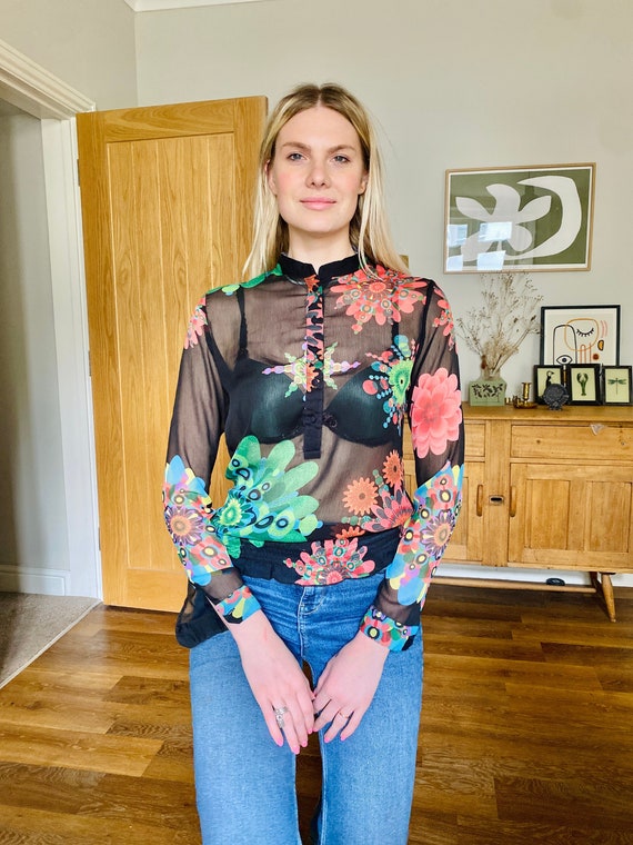 Vintage DESIGUAL sheer floral blouse Y2K Colorful 