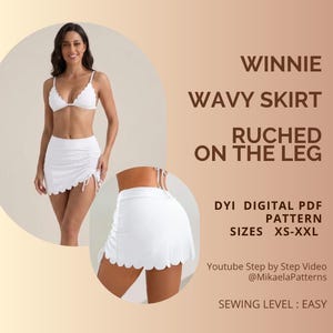May include: This image showcases a white, ruched, wavy skirt with a scalloped edge. The skirt is part of a DIY digital PDF pattern, available in sizes XS to XXL. The text on the image reads "WINNIE WAVY SKIRT RUCHED ON THE LEG".
