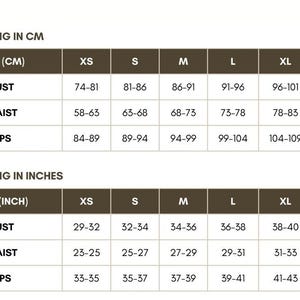 May include: A size chart in a table format, with measurements in centimeters and inches. The chart includes bust, waist, and hip measurements for sizes XS to 2XL. The bust measurements range from 29 to 42 inches.