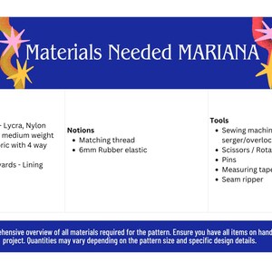 May include: A blue graphic with the text "Materials Needed MARIANA" and a list of fabric, notions, and tools. The fabric section lists Lycra, Nylon Spandex, and lining fabric. The tools include a sewing machine, scissors, pins, and a seam ripper.