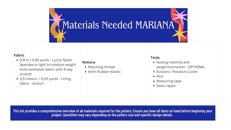 May include: A blue graphic with the text "Materials Needed MARIANA" and a list of fabric, notions, and tools. The fabric section lists Lycra, Nylon Spandex, and lining fabric. The tools include a sewing machine, scissors, pins, and a seam ripper.