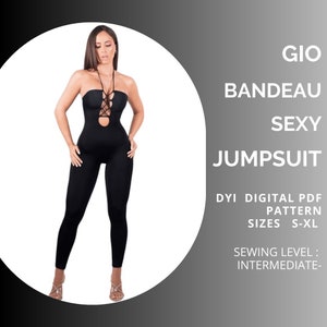May include: A black bandeau jumpsuit with a lace-up detail in the front. The jumpsuit is a DIY digital PDF pattern for sewing, available in sizes S-XL. Sewing level: Intermediate.
