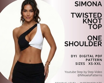 PDF Sewing Pattern Simona One Shoulder Twisted Knot Top (XS-XXL), A4, us letter