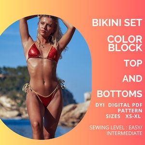 Patrón de bikini en PDF, top de bikini con bloques de color y braguita en forma de V, patrón de bikini en PDF, patrón de costura tallas XS-XL, papel tamaño carta y A4.