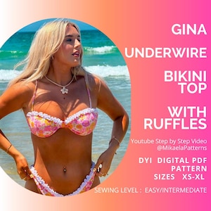 Patrón de bikini en PDF, Top de bikini con aros y volantes GINA, Patrón de bikini en PDF, Top con aros, Patrón de costura xs - XL, A4 o carta estadounidense