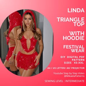PDF Sewing Pattern Triangle Top with Hoodie and Cowl Neck , Rave Festival Wear , XS-XXL