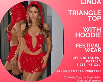PDF Sewing Pattern Triangle Top with Hoodie and Cowl Neck , Rave Festival Wear , XS-XXL