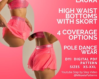 Puede incluir: Conjunto rosa para pole dance con pantalones de cintura alta con falda pantalón y top a juego. La imagen incluye el texto "LAURA", "HIGH WAIST BOTTOMS WITH SKORT", "4 COVERAGE OPTIONS", "POLE DANCE WEAR", "SIZES XS-XXL" y "SEWING LEVEL: INTERMEDIATE".