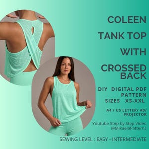 May include: A mint green tank top with a crossed back design, presented as a DIY digital PDF sewing pattern. The text reads Coleen Tank Top With Crossed Back, DIY Digital PDF Pattern, Sizes XS-XXL, A4/US Letter/A0/Projector.