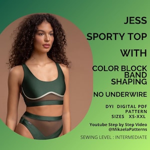Może przedstawiać: Kobieta w ciemnozielonym sportowym topie i pasujących spodniach z siateczkowymi detalami. Top ma białe wykończenie. Tekst brzmi "JESS SPORTY TOP WITH COLOR BLOCK BAND SHAPING NO UNDERWIRE". Wzór to cyfrowy PDF DIY.