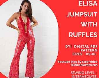 PDF Sewing Pattern Ruffle Halter Jumpsuit with Open Back, XS-XL, A4