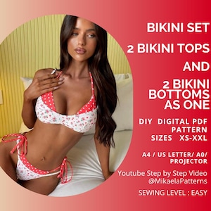 Puede incluir: Un patrón de costura digital en PDF para un conjunto de bikini que incluye dos partes superiores y dos inferiores en tallas XS-XXL. El texto dice: BIKINI SET 2 BIKINI TOPS AND 2 BIKINI BOTTOMS AS ONE DIY DIGITAL PDF PATTERN SIZES XS-XXL A4 / US LETTER/ A0/ PROJECTOR.