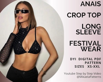 PDF Sewing Pattern Crop Top Long Sleeve , Rave Festival Wear (XS-XXL), A4/usLetter/a0